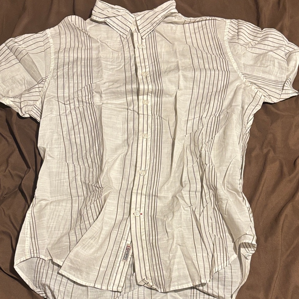 Guess Cream and Black Striped Button Down Shirt